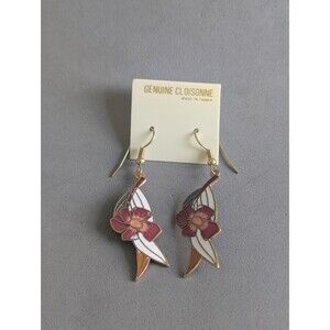 Vintage Taiwan Cloisonné Pink Flower White Enamel Dangle Earrings NOS
